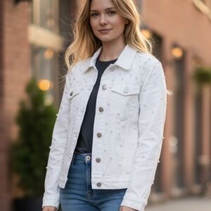 Savanna Jane White Pearl-Embellished Denim Jacket